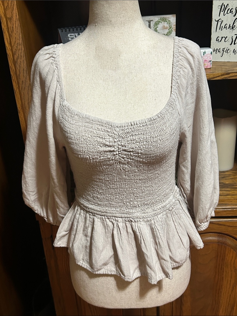 Japna Light Taupe Smocked Peplum Blouse Size Medium